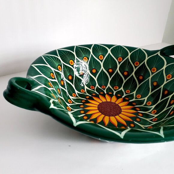 RARE Mexican Pottery Talavara Art Bowl w/ Handles Hand Painted Sunflower Peacock - Picture 1 of 9
